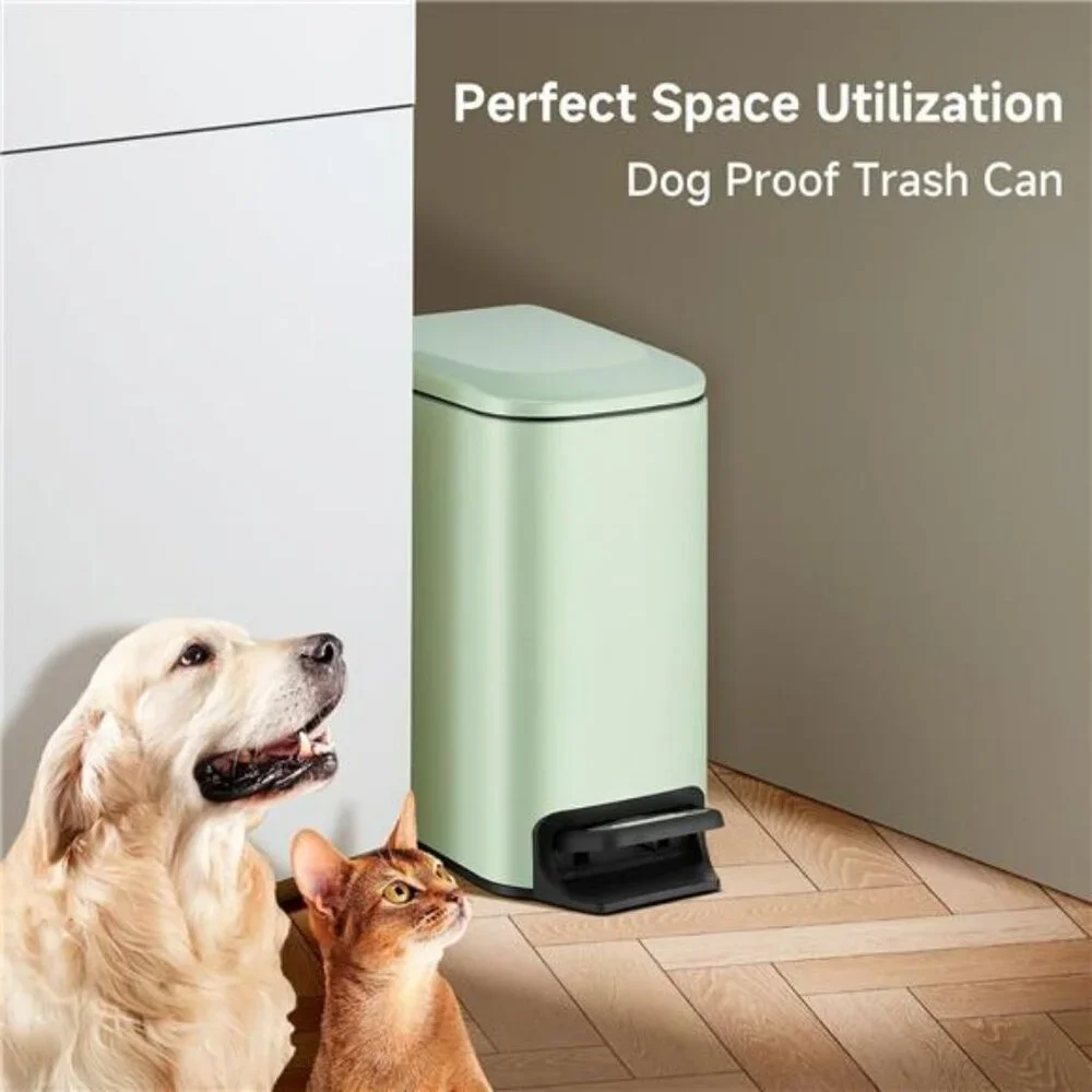 Green Slim Bathroom Trash Can with Lid Pedal Small Garbage Bin with Bucket